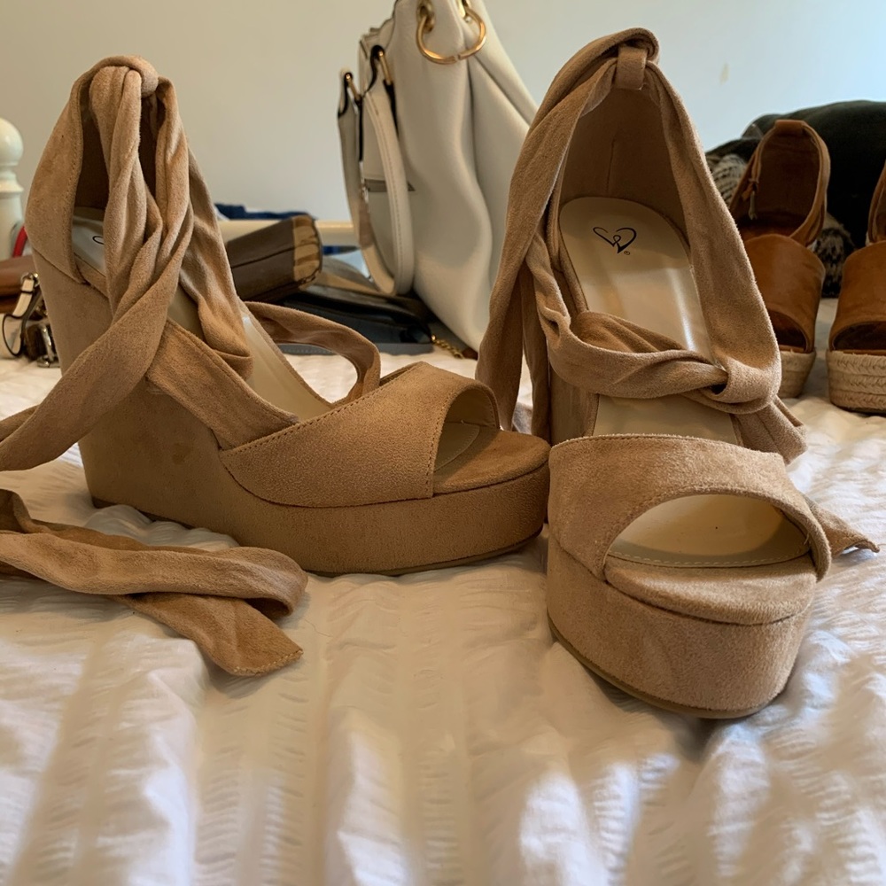 Lace up suede wedges